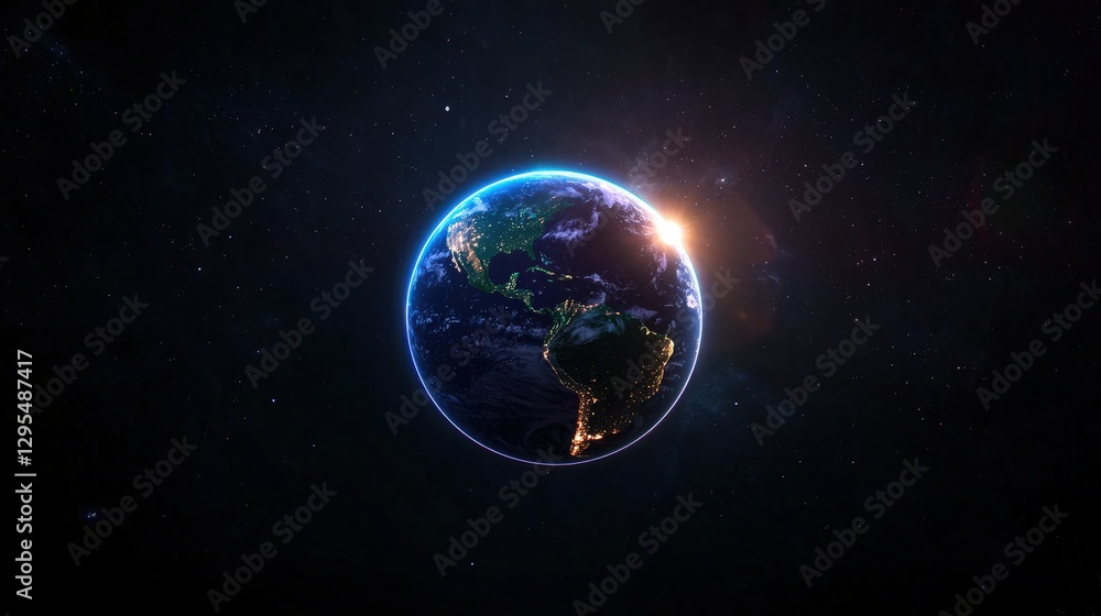 Earth from space with sunrise over the planet against starfield cosmos background Earth from space with sunrise over the planet against starfield cosmos background