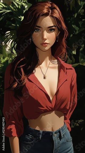 Beautiful Digital Art Portrait of a Young Woman with Red Hair and Red Shirt