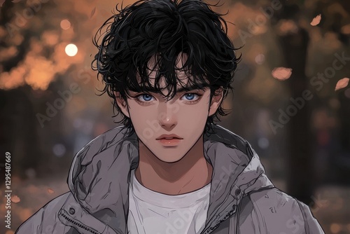 Pensive Young Man in Autumnal Setting - Digital Illustration