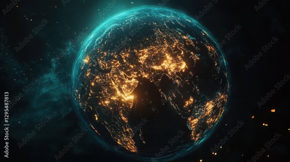 Obraz premium A digital globe with illuminated pathways connecting major cities, representing real-time data flow and communication