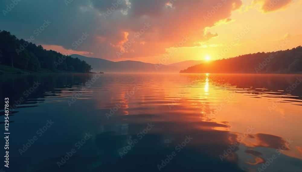 Naklejka premium Gentle ripples on calm lake water during sunset hours, lake, natural