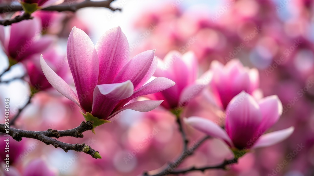Fototapeta premium Close-up of a pink flowering magnolia tree with vibrant blossoms in full bloom.