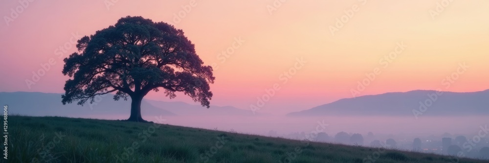 Solitary oak tree silhouette at misty dawn, soft pastel sky, distant rolling hills , solitary, pastoral, horizon Solitary oak tree silhouette at misty dawn, soft pastel sky, distant rolling hills , solitary, pastoral, horizon