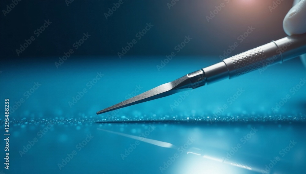 Naklejka premium Surgical scalpel, gleaming reflection on blue backdrop, metal, instrument, science