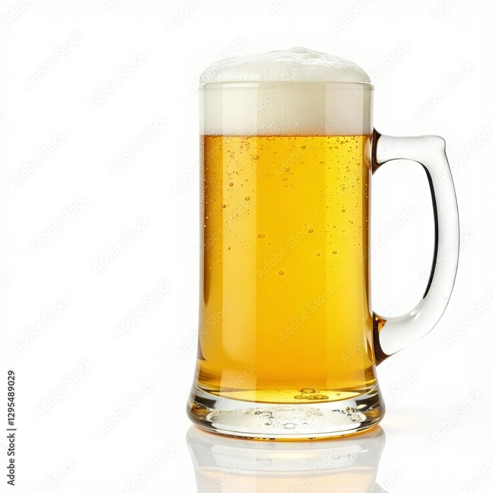 Frosty beer mug, creamy head, white background, ice, cold, cool Frosty beer mug, creamy head, white background, ice, cold, cool