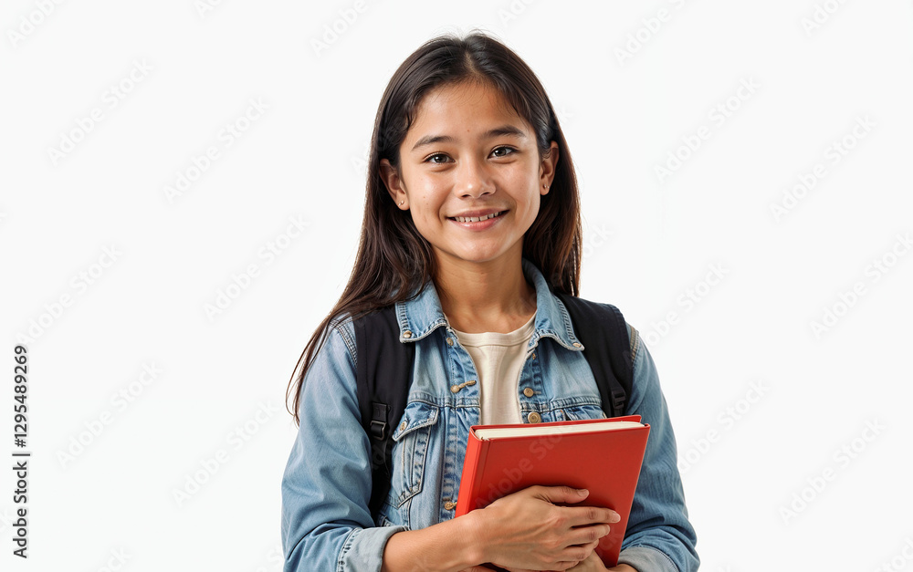 Young girl smiling, holding books, wearing a denim jacket, against a white background Young girl smiling, holding books, wearing a denim jacket, against a white background