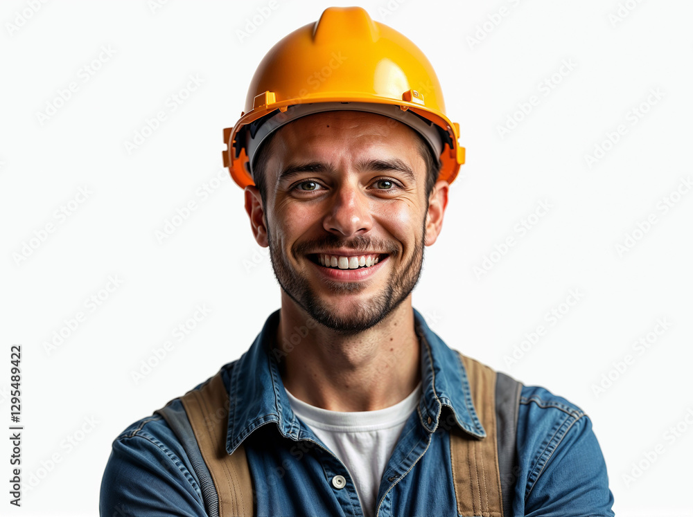 Smiling man wearing a hard hat on a white background Smiling man wearing a hard hat on a white background