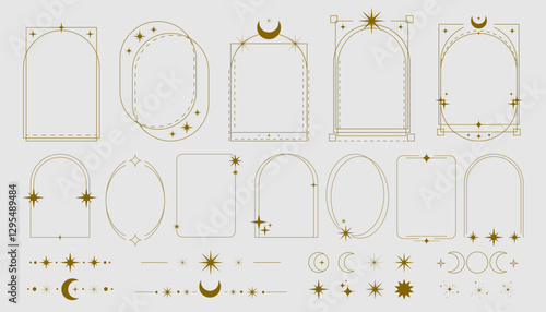 Y2k gold frames with cosmic elements - stars, moons and sparkles. Elegant borders in arch, rectangle and oval shapes. Minimal line text boxes for mystic decoration, Ramadan design or vintage style.