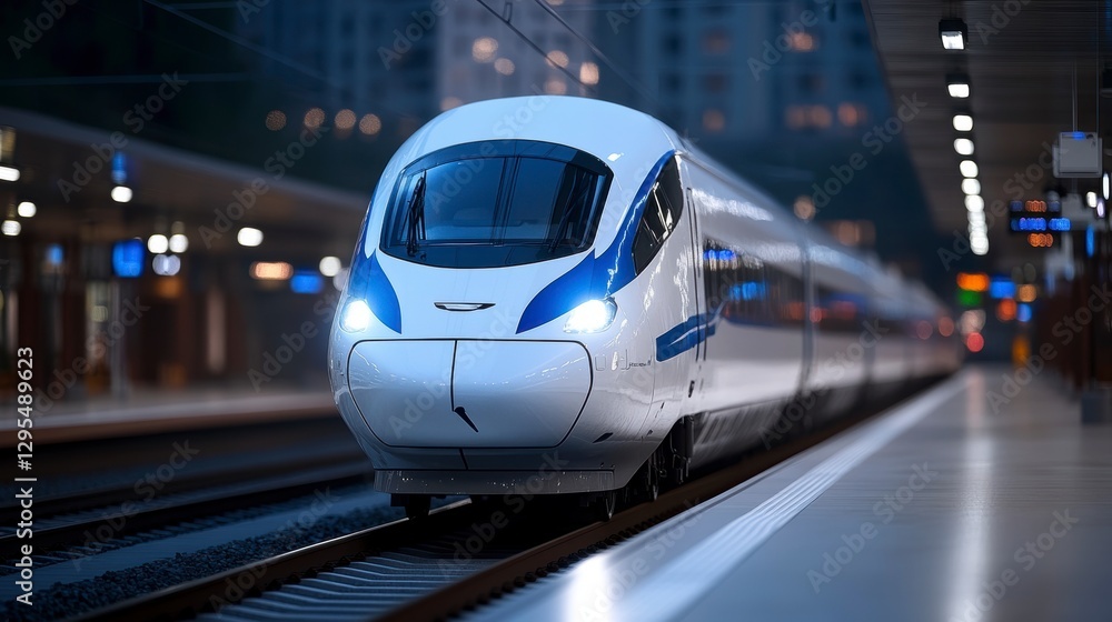 Naklejka premium High-speed train arriving at a modern urban station during twilight, showcasing sleek design and motion