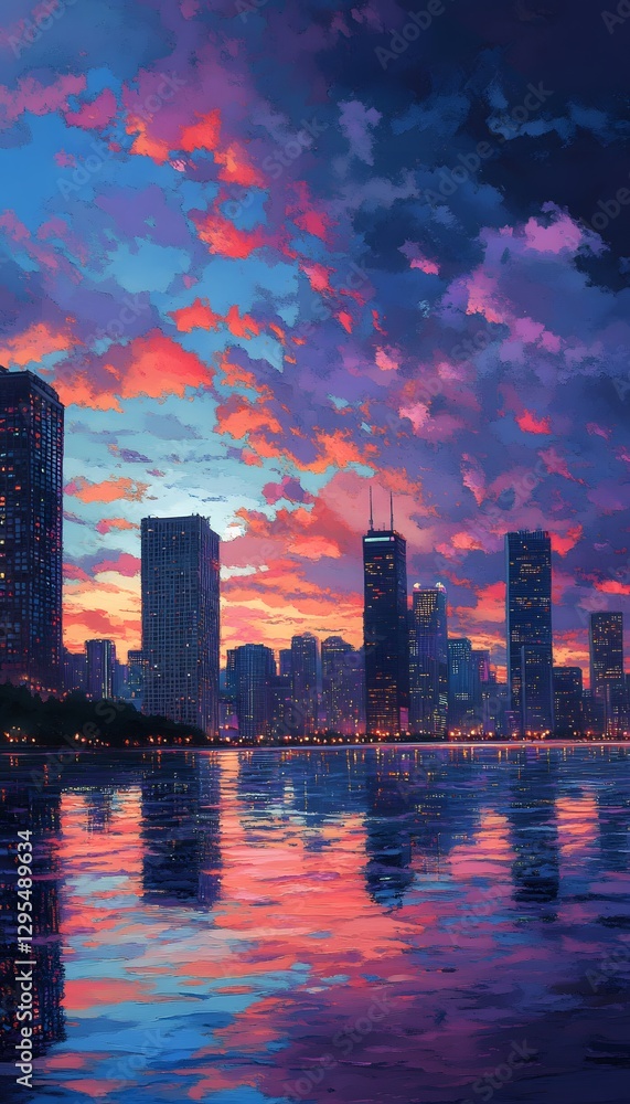 Fototapeta premium Chicago skyline reflects in the water during a beautiful sunset