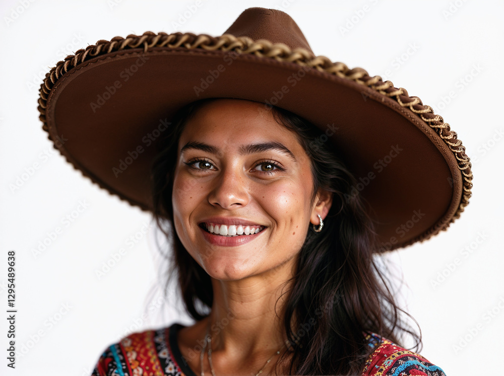 Close-up portrait of a beautiful, smiling woman wearing a brown sombrero against a clean, white background Close-up portrait of a beautiful, smiling woman wearing a brown sombrero against a clean, white background