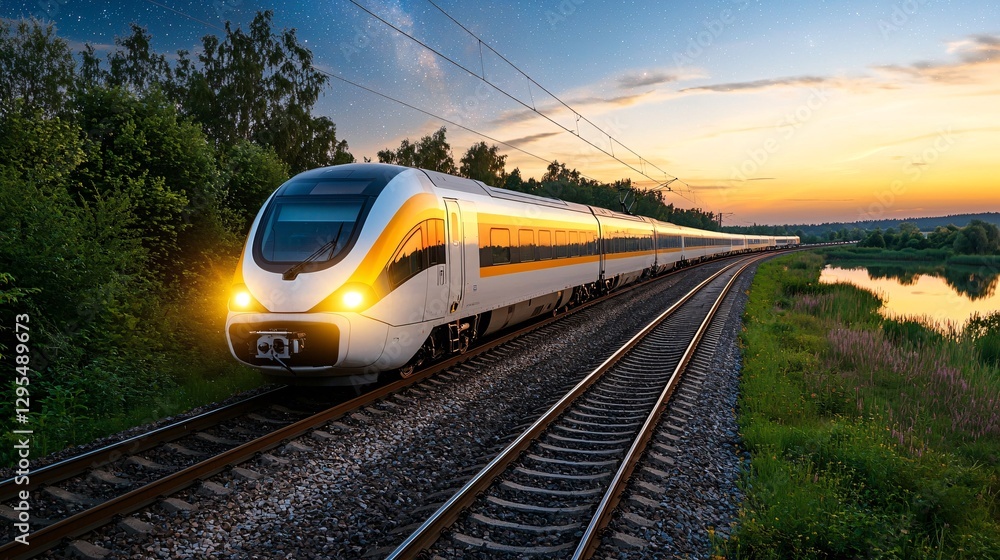 Scenic railways concept. A sleek train travels along tracks beside a river at sunset, surrounded by lush greenery, showcasing modern transportation and scenic beauty.