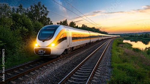 Obraz na płótnie Scenic railways concept. A sleek train travels along tracks beside a river at sunset, surrounded by lush greenery, showcasing modern transportation and scenic beauty. w salonie