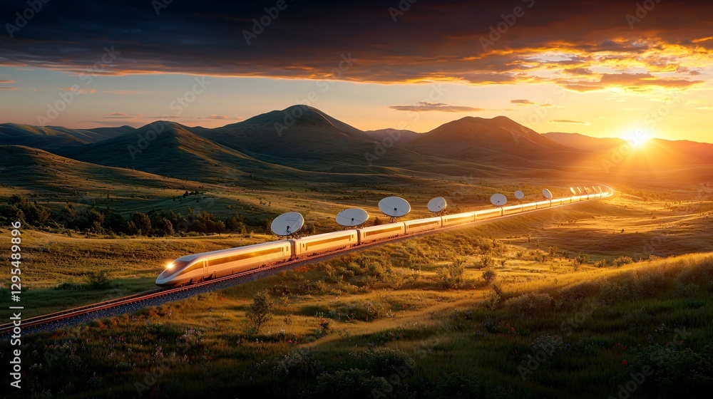 Scenic railways concept. A train travels through a stunning landscape at sunset, surrounded by mountains and satellite dishes, creating a serene and technological scene.