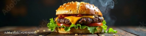 Perfectly smashed burger releases steam, juicy interior revealed, professional, yummy, fast food