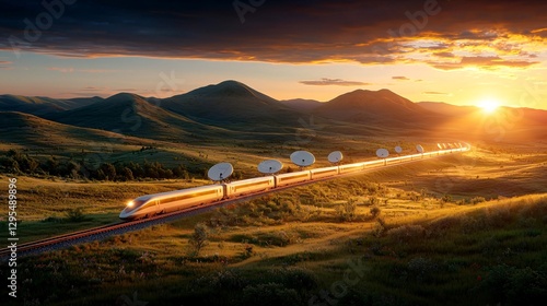 Obraz na płótnie Scenic railways concept. A train travels through a stunning landscape at sunset, surrounded by mountains and satellite dishes, creating a serene and technological scene. w salonie