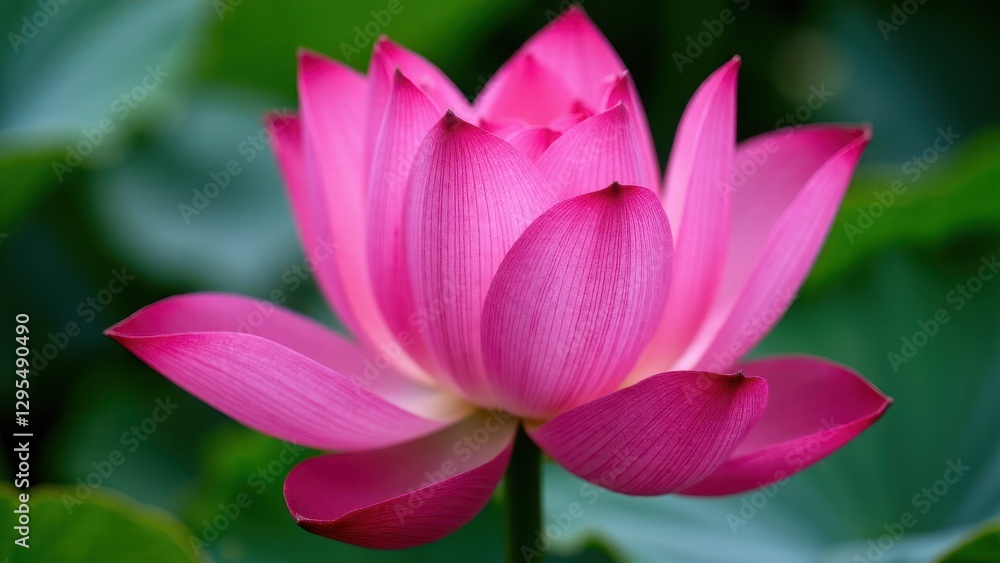 A vibrant pink lotus flower in full bloom with lush green leaves in the background. A vibrant pink lotus flower in full bloom with lush green leaves in the background.