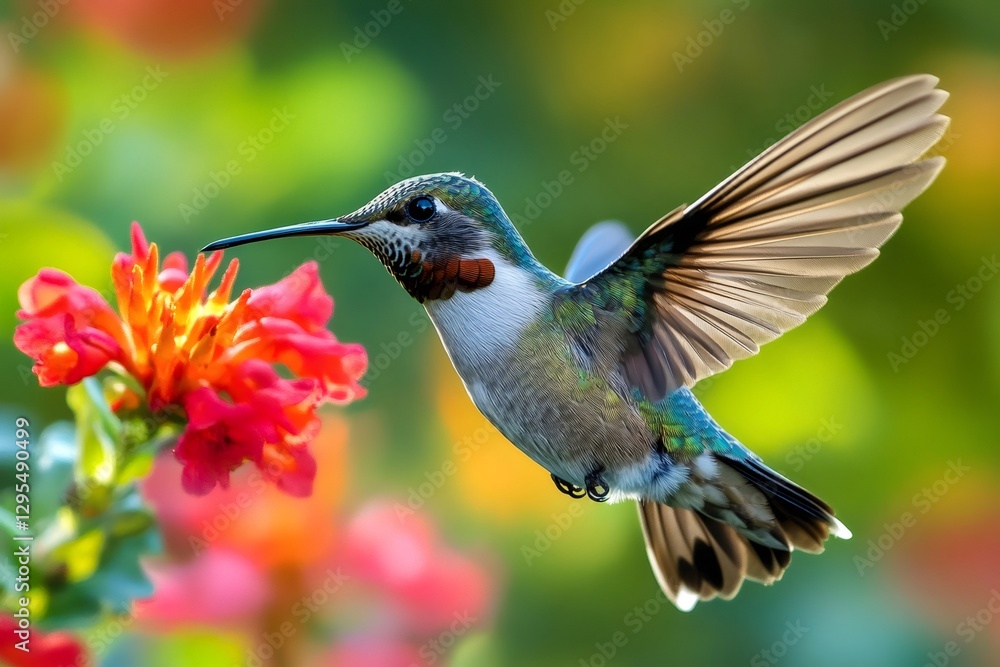 Fototapeta premium Hummingbird flying and drinking nectar from a red flower