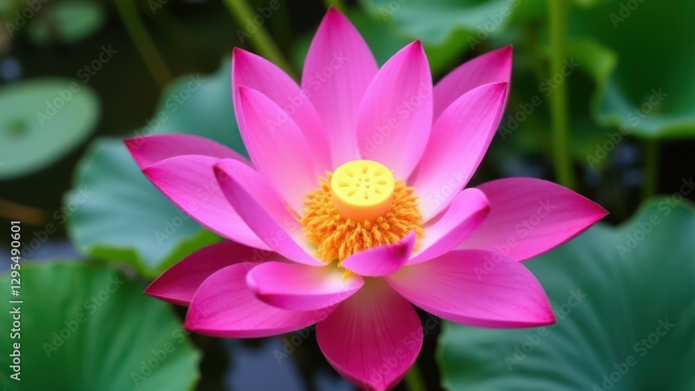 A vibrant pink lotus flower in full bloom with green leaves in the background. A vibrant pink lotus flower in full bloom with green leaves in the background.