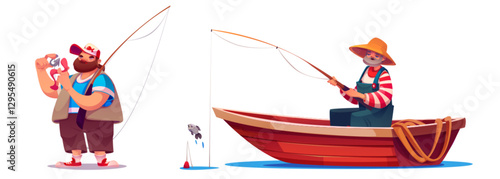 Men fishing set isolated on white background. Vector cartoon illustration of fishermen in boat catching fish with rod, male characters enjoying hobby with gear, summer outdoor activity on water