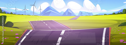 Road through green fields toward mountains with wind turbines and pink flowers along pathway - scenic highway stretches into distance in front of peaks. Rural landscape illustration for travel design.