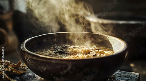 Elegant Black Truffle Risotto with Parmesan Cheese, Garnished with Fresh Truffle Slices photo