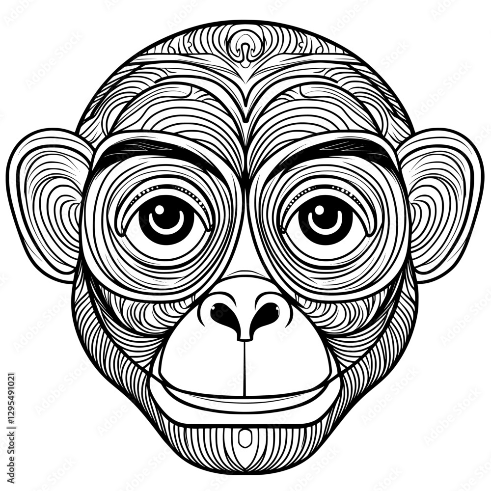 Geometric Monkey: A symmetrical close-up of a monkey face illustration, using a series of fine, interconnected lines to construct the image, with focus on its large eyes and a sense of calm Geometric Monkey: A symmetrical close-up of a monkey face illustration, using a series of fine, interconnected lines to construct the image, with focus on its large eyes and a sense of calm