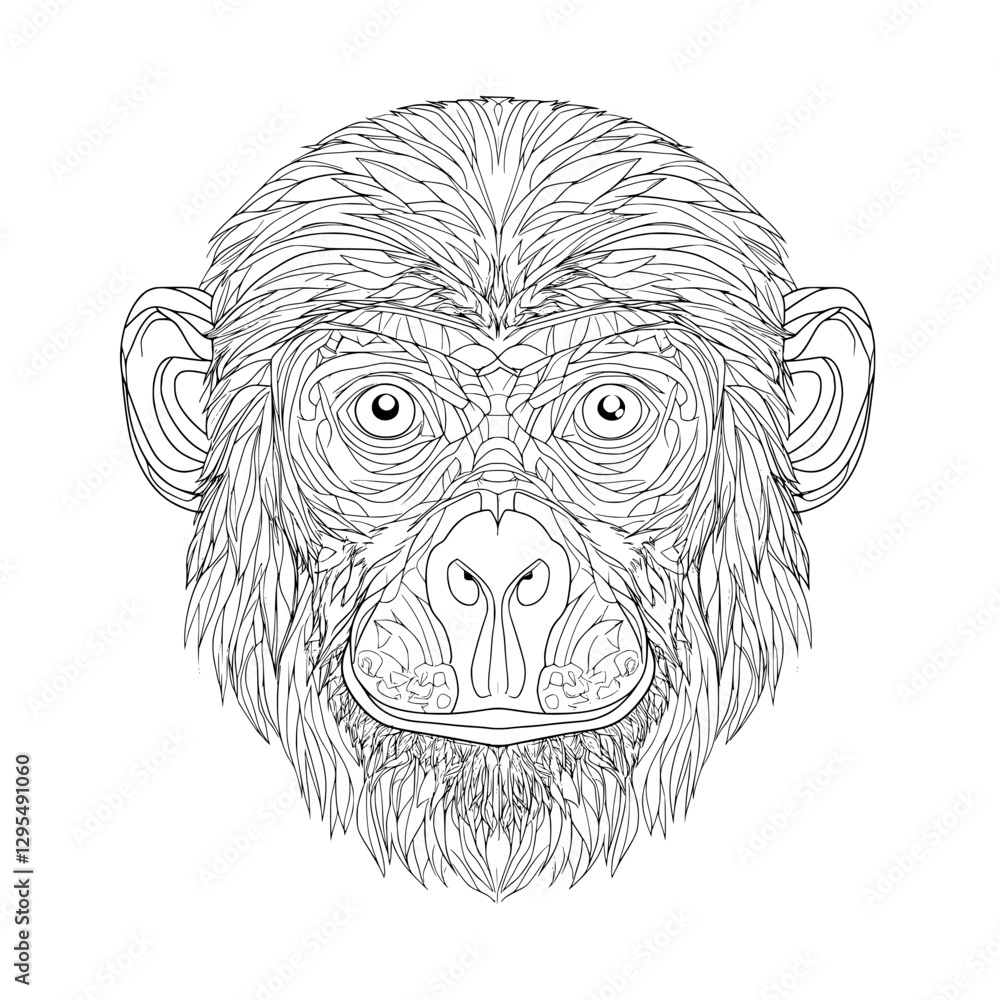 Chimpanzee Face illustration:A captivating artistic rendition, a detailed illustration presents a Chimpanzee's face with intricate lines, artistic pattern, and inviting eyes. Chimpanzee Face illustration:A captivating artistic rendition, a detailed illustration presents a Chimpanzee's face with intricate lines, artistic pattern, and inviting eyes.