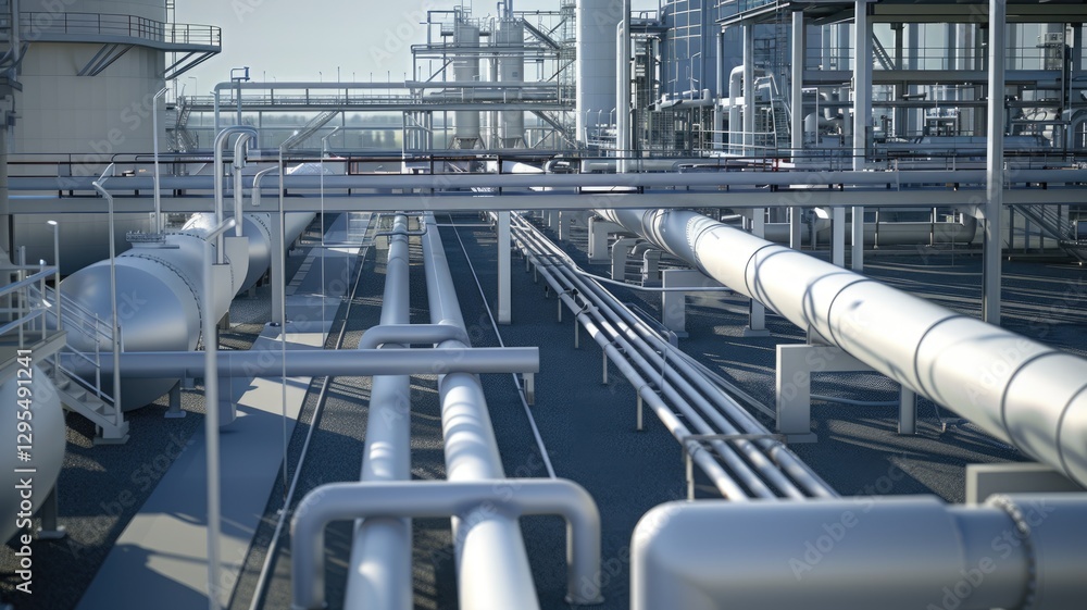 Aerial view of a complex industrial facility with pipelines and tanks. Top down view of gas valves pressure equipment made from metallic material. Industry and engineering concept for design. AIG53. Aerial view of a complex industrial facility with pipelines and tanks. Top down view of gas valves pressure equipment made from metallic material. Industry and engineering concept for design. AIG53.