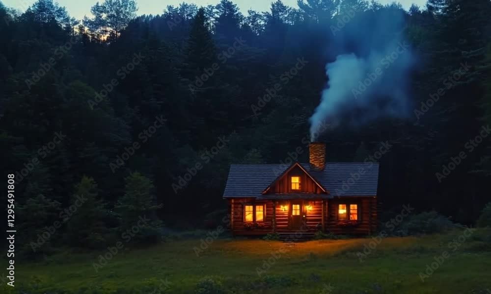 Rustic Wooden Cabin Surrounded by Rainy Forest with Warm Glowing Lights Rustic Wooden Cabin Surrounded by Rainy Forest with Warm Glowing Lights