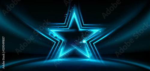 Neon star stage with glowing blue light effects and particles on dark background. Luminous geometric shape platform with sparkles for awards ceremony, music performance or entertainment showcase.