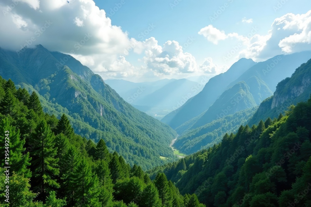 Fototapeta premium Lush forest canopy above rugged mountain peaks, hills, nature, scenery