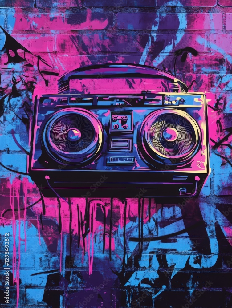 Fototapeta premium A bold hip-hop event background featuring dynamic graffiti textures, urban street art, and vibrant colors. Perfect for music promotions, rap events, DJ parties, concert flyers, dance battles