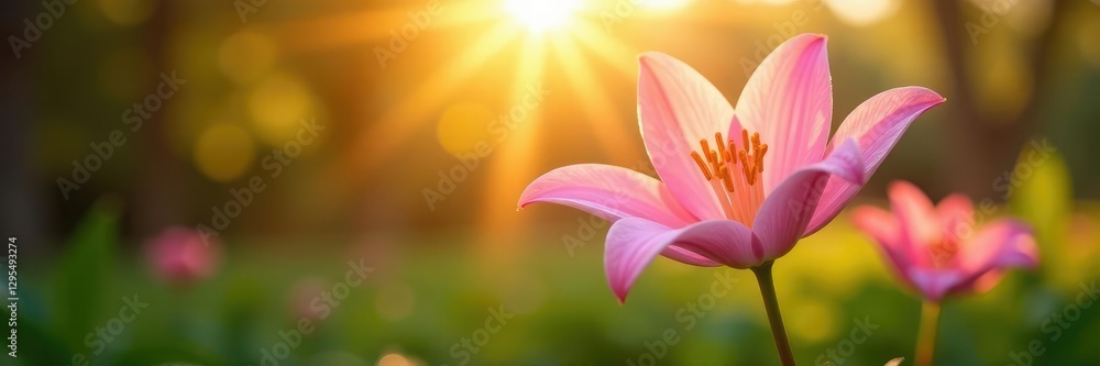 Pink lily flower sways gently in the sun's rays, sunshine, pink, gentle Pink lily flower sways gently in the sun's rays, sunshine, pink, gentle