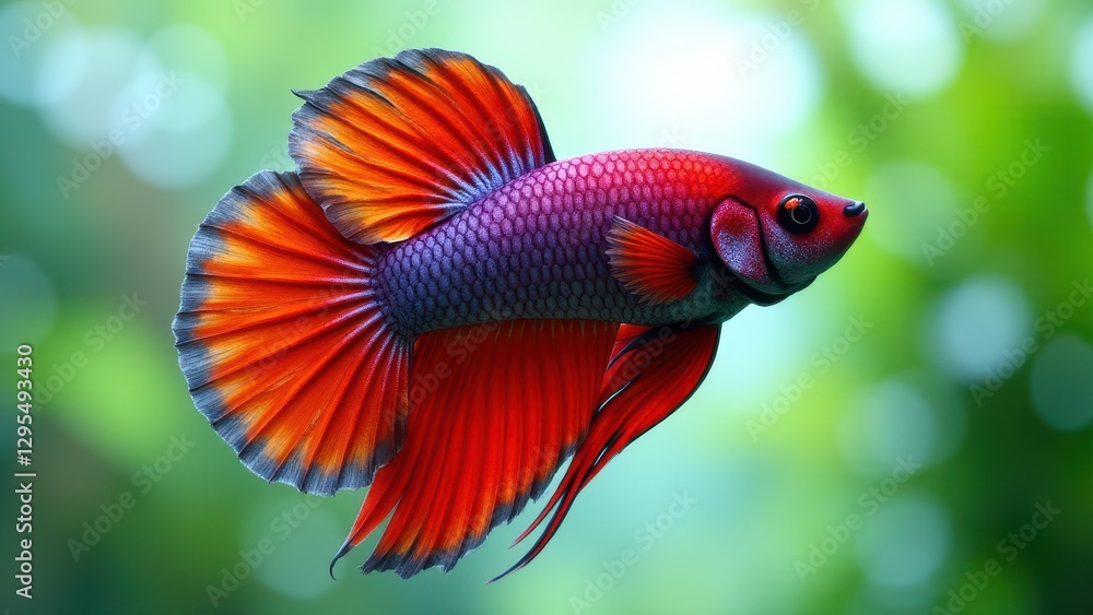 A vibrant plakat betta fish with striking red and blue colors swims gracefully against a blurred green background. A vibrant plakat betta fish with striking red and blue colors swims gracefully against a blurred green background.