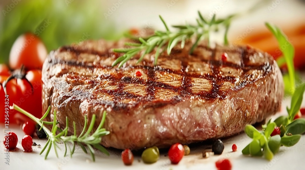 Grilled steak, herbs, vegetables, closeup, restaurant Grilled steak, herbs, vegetables, closeup, restaurant