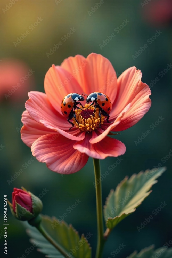 Ladybug and flower entwined in a romantic dance, pink, insect, flowers Ladybug and flower entwined in a romantic dance, pink, insect, flowers