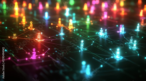 Wallpaper Mural A network of vibrant user icons linked by glowing lines, symbolizing digital social connections on a dark futuristic background Torontodigital.ca