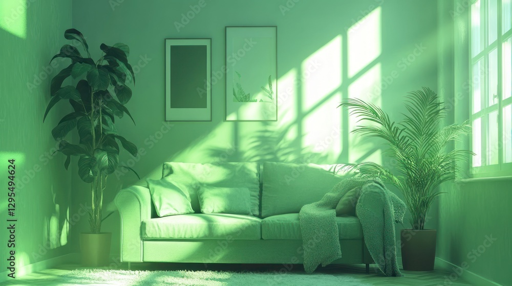Obraz premium Green toned living room with sofa plants and window light