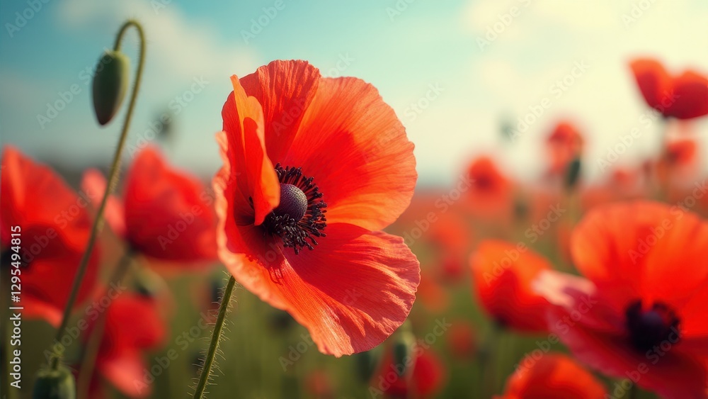 Obraz premium A vibrant poppy wallpaper featuring a close-up of a red poppy flower in a field, with a soft-focus background of more poppies.