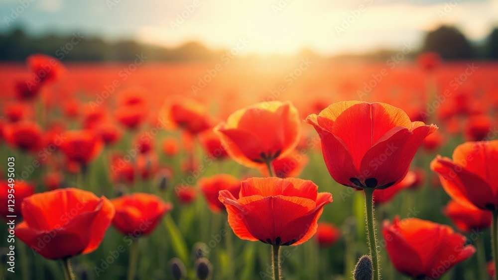 A vibrant field of red poppies in full bloom under a warm, glowing sunset, perfect for a poppy wallpaper. A vibrant field of red poppies in full bloom under a warm, glowing sunset, perfect for a poppy wallpaper.