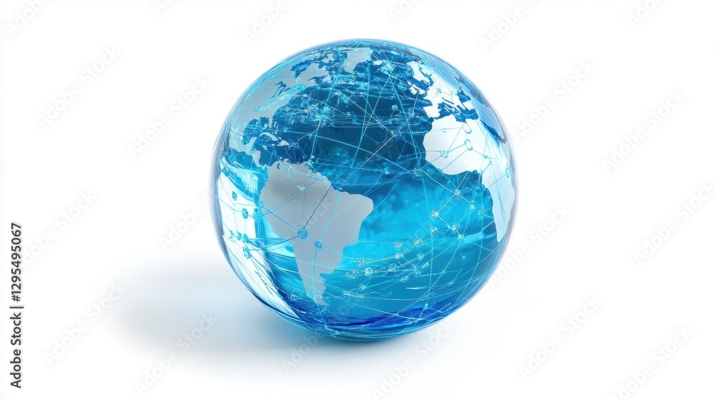 A transparent 3D globe with neon blue networking lines crisscrossing continents, symbolizing a hyper-connected world A transparent 3D globe with neon blue networking lines crisscrossing continents, symbolizing a hyper-connected world