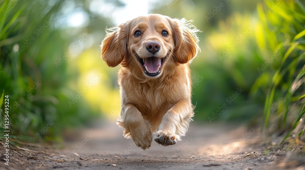 Joyful Golden Cocker Spaniel Running Towards Camera on Sunny Path Joyful Golden Cocker Spaniel Running Towards Camera on Sunny Path