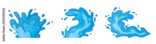 Papercut water splashes set isolated on white background. Vector realistic illustration of blue ocean, sea or river waves with drops, summer resort, cosmetics, drink, ecology saving poster elements
