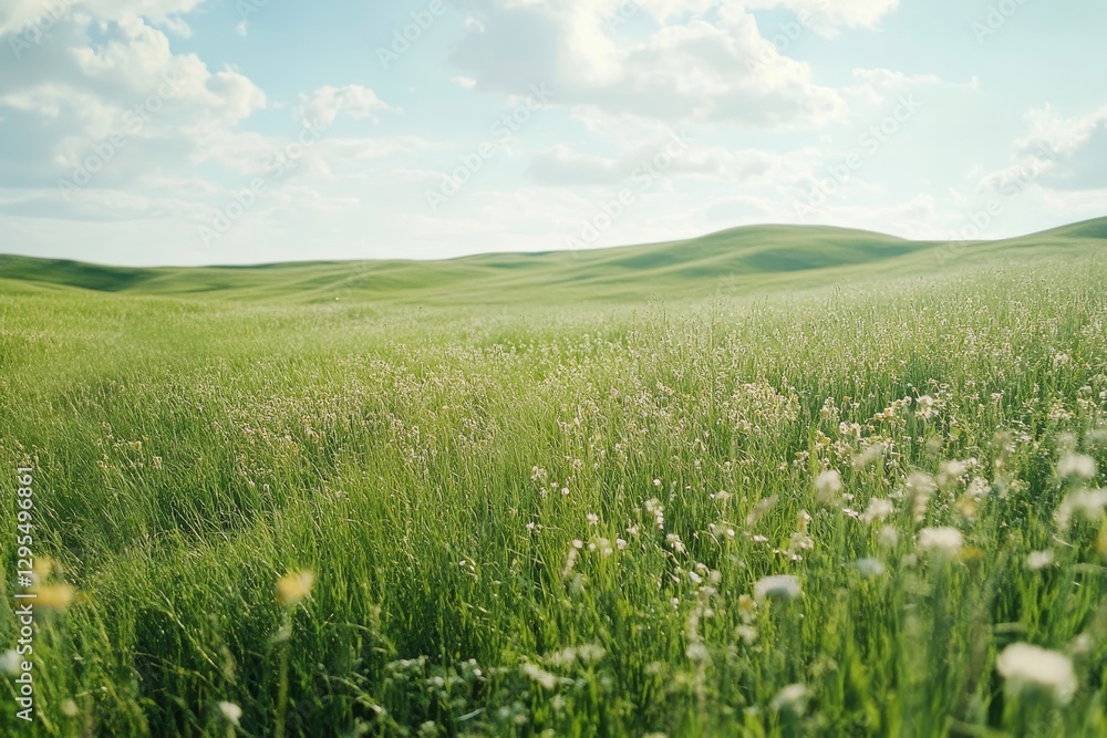 Fototapeta premium Stunning green grass landscape featuring hills and meadows under a bright white sky