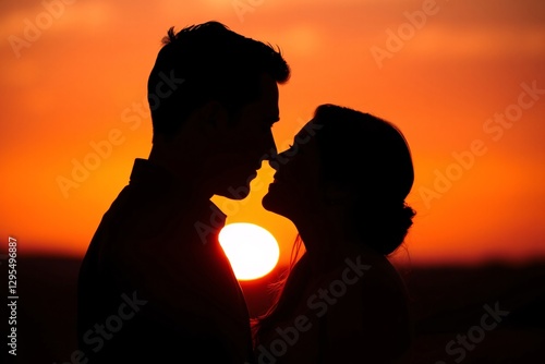 romantic silhouette of a couple embracing at sunset outdoors