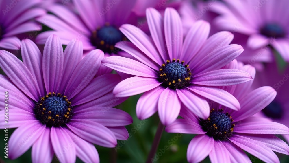 Close-up of vibrant purple daisies with dark centers and yellow accents, showcasing their delicate petals. Close-up of vibrant purple daisies with dark centers and yellow accents, showcasing their delicate petals.