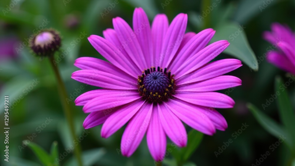 Obraz premium A vibrant purple daisy flower with a dark center and yellow accents, surrounded by green foliage.