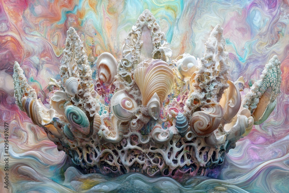 Intricate crown of seashells and corals in vibrant colors with a magical, surreal background Intricate crown of seashells and corals in vibrant colors with a magical, surreal background