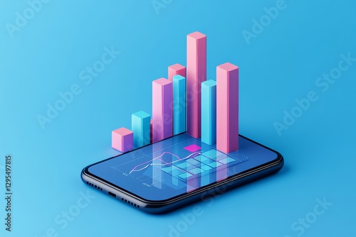 Wallpaper Mural Isometric 3d render of upward graph and bar chart on phone with minimalistic design and cute colors Torontodigital.ca
